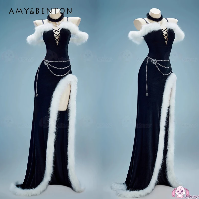 

Gothic Dark Christmas Women's Clothing 2025 Autumn New Original Design Black Sexy Sweet Cool Halloween Plush Sling Dress Ladies