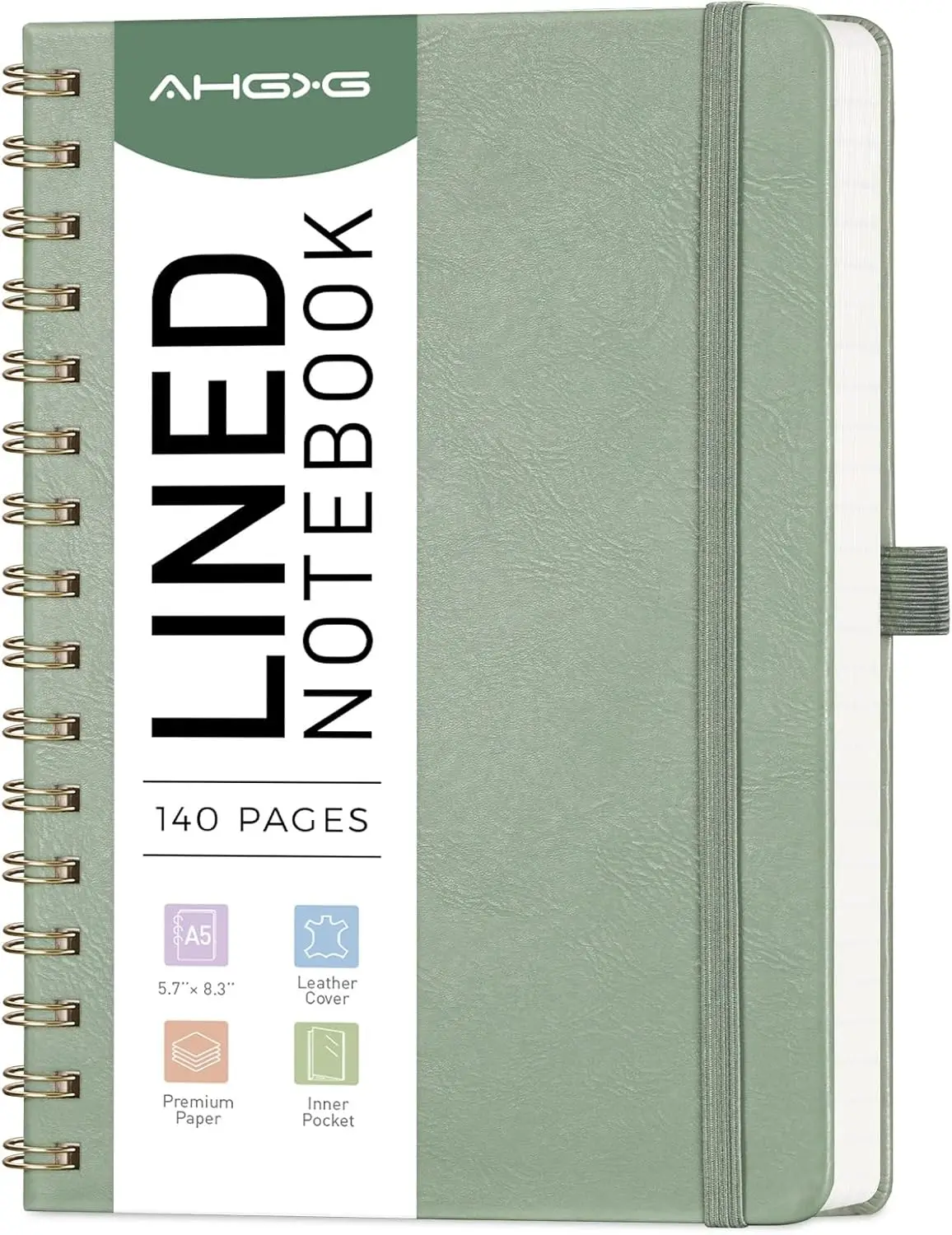 

Lined Spiral Journal A5 Notebook, 140 Numbered Pages, Hardcover Leather, Sage Green for Work School Office