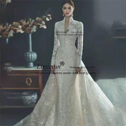 Customized Metallic Lace Wedding Dresses Full Sleeves High Neck Women Bridal Mermaid Long Tulle Sweep Train Vestidos De Noiva