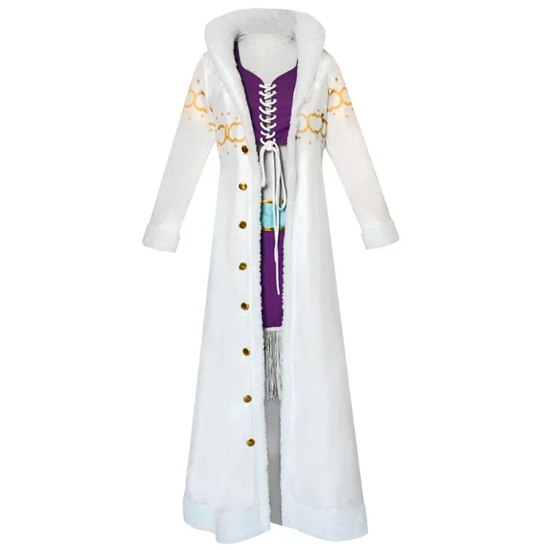Anime-inspiriertes Nico Robin Kostüm für Damen, lila Kleid, Uniform, langer Pelzkragen, weißer Umhang, Outfit für Halloween-Rollenspiele – Detail 7