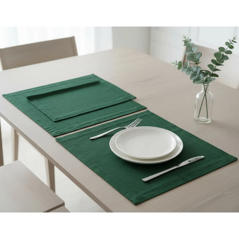 

4-Pack Forest Green Linen Placemats 14x19 Inch - Hemstitch Design for Fall Autumn Thanksgiving Christmas Table Setting