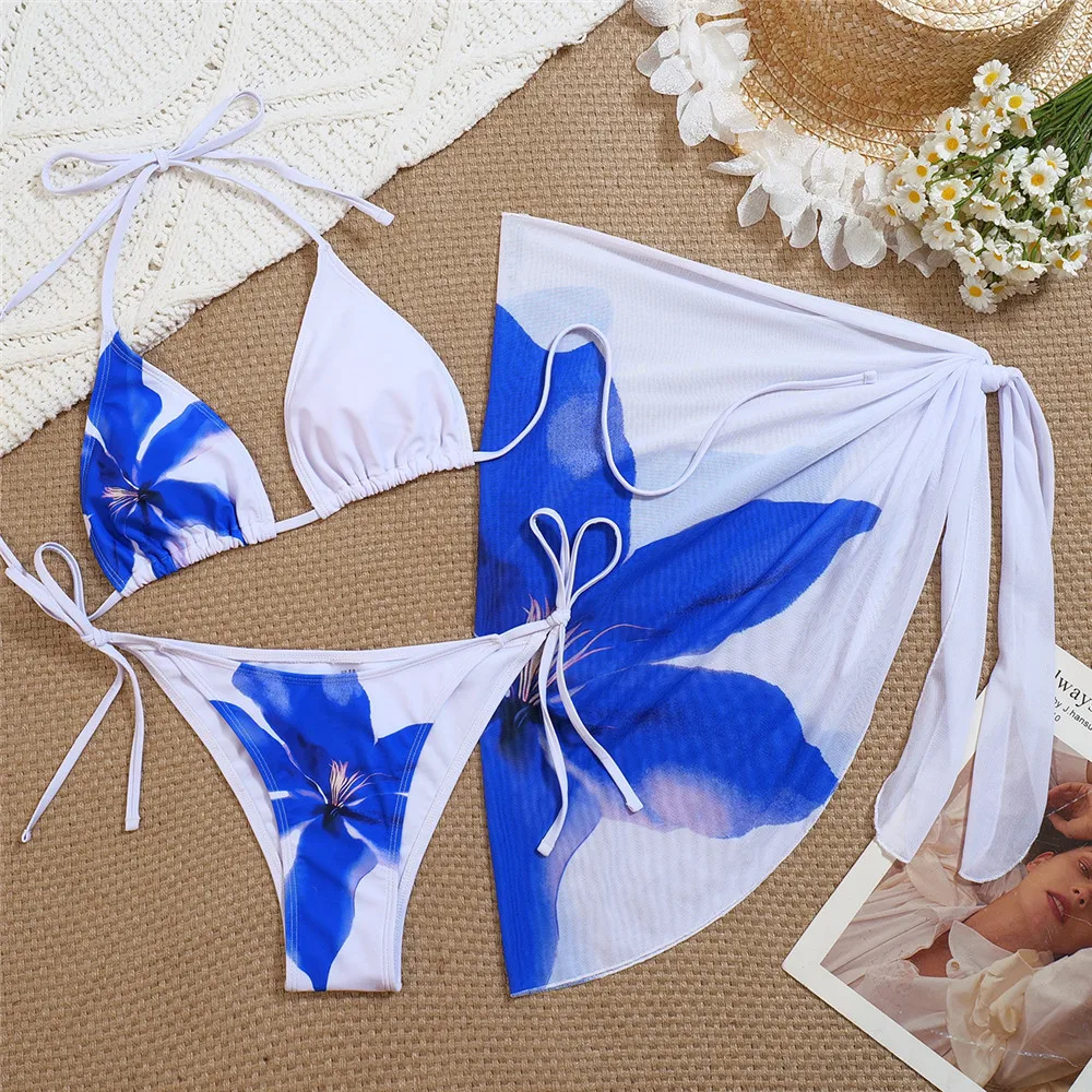 

Blue Flower Print Sexy Swimsuit Micro Thong String Halter Triangle 3 Bikini Piece Set Cover Ups Swimwear Woman 2026 Bikinis