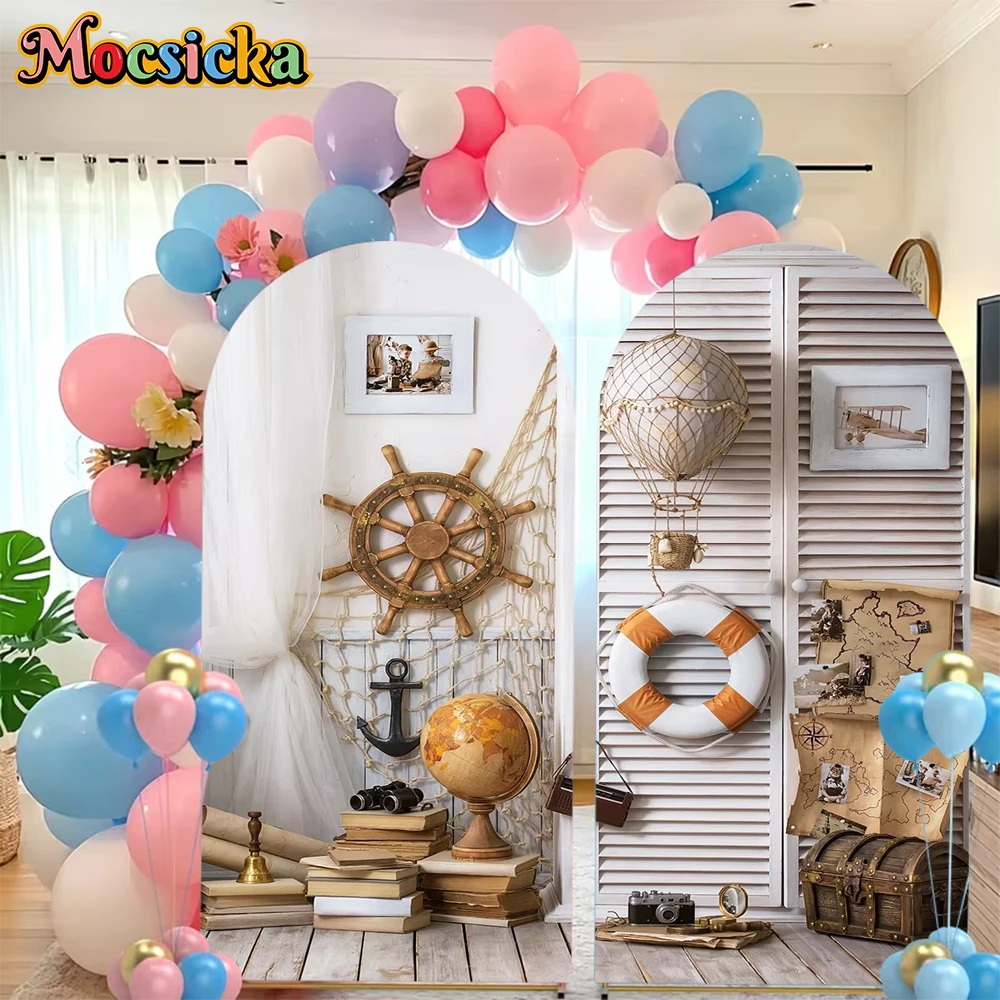 Mocsicka Sailing Ship Arch Backdrop Covers Elastic Double-Faced Explorer Baby Boy Happy Birthday Arched Backgrounds Party Decors