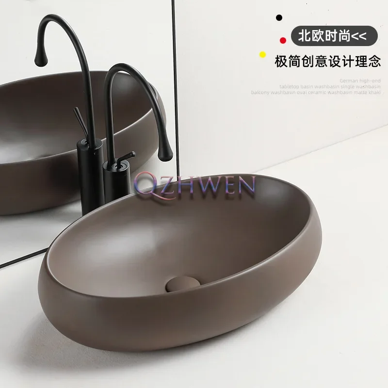 48/40cm Nordic Brown Ceramic Washbasin Household Bathroom Sink Countertop Art Basin Oval Toilet Balcony Hand Wash Pool with Tap