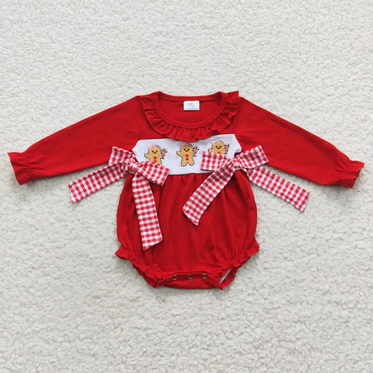 Kids Newborn Christmas Embroidery Baby Girls Red Bubble Romper Toddler Infant Children Gingerbread Snap Button Candy Jumpsuit