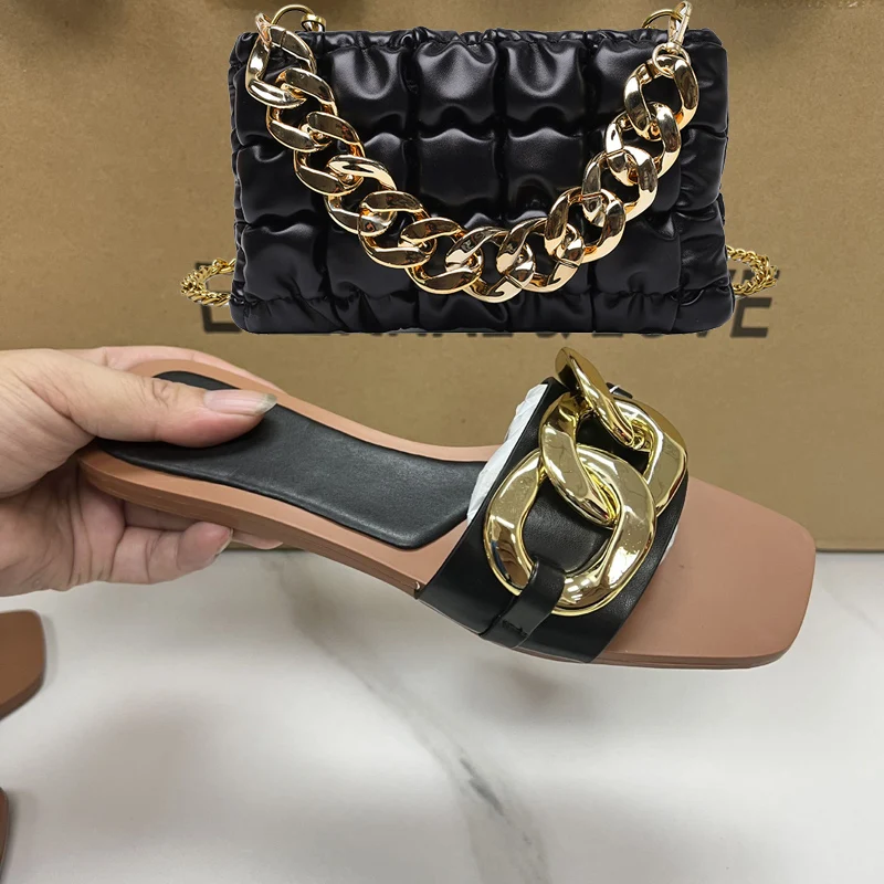 2024 Summer Trend Women Slippers Big Chain Decorative Flat Women Shoes Fashion Ladies Chain Messenger Bag Shoulder Bag Set