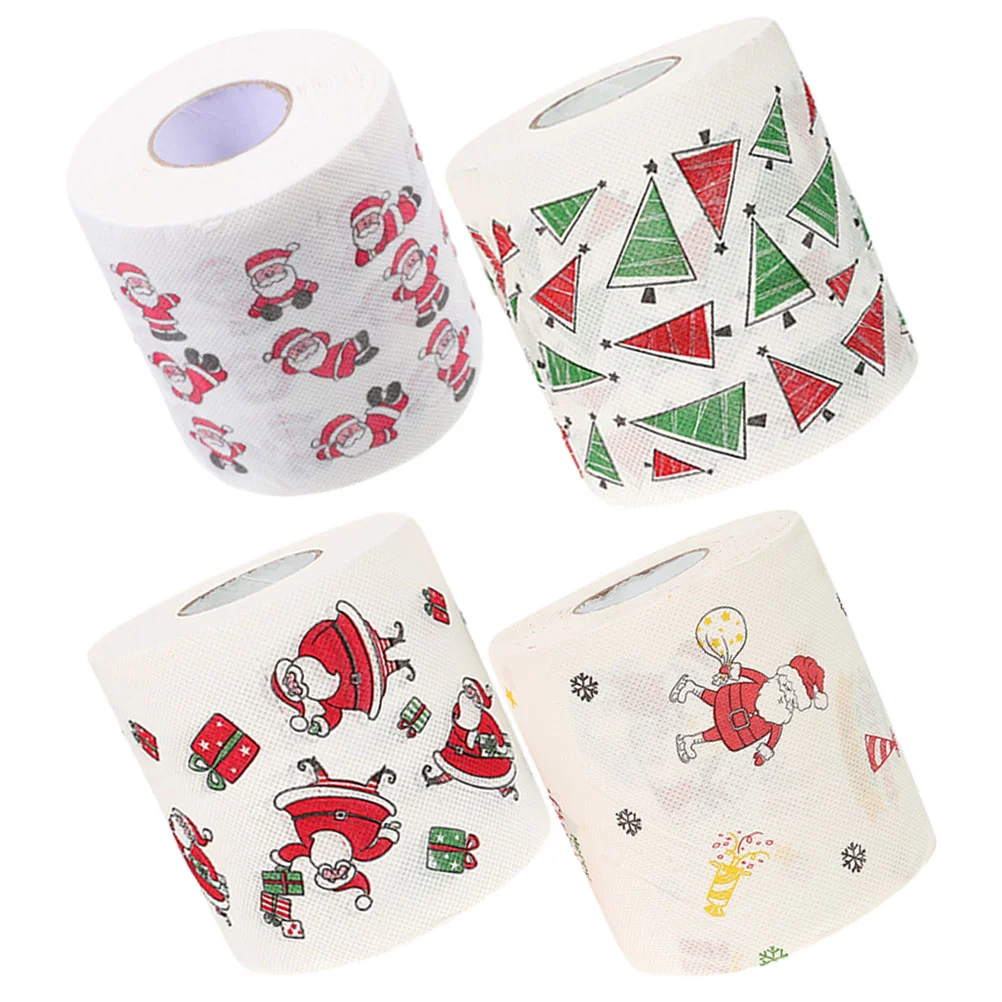 4 rollos de papel higiénico con patrón navideño, pañuelos de baño impresos, servilleta para el almuerzo, impresión navideña