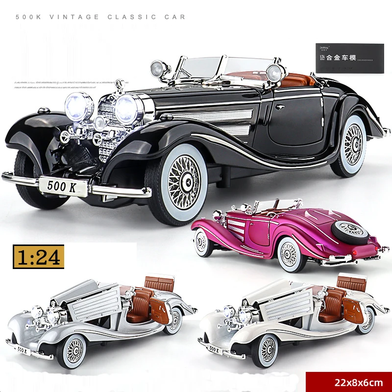 1:24 500K Classic Vintage Car Toy for Children Diecast Alloy Miniature Model Sound Light Collection Birthday Gift For Child