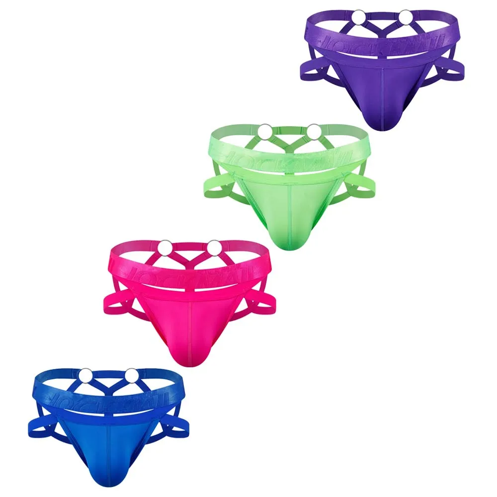 Jockmail 10 Color Sexy Lingerie Transparent Ice Silk Binding G-Strings Steel Ring Bandage Hollow Thongs High Quality JockStrap