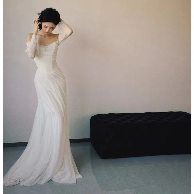 A-line Skirt Sexy Sling Tube Top White Evening Dress 2025 New Fashion Long Sleeve Mesh Formal Women Elegant Wedding Dresses