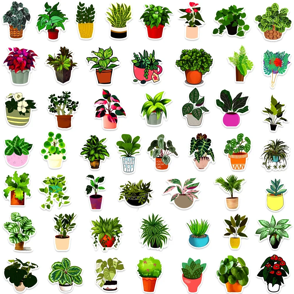 Pegatina de dibujos animados de plantas en maceta, 10/30/50 piezas, decoración de tendencia creativa, impermeable, para monopatín y refrigerador, venta al por mayor