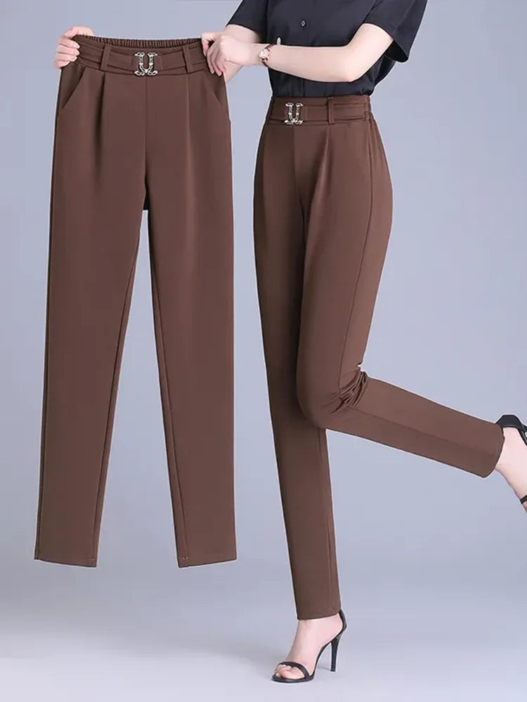 الإناث الرسمية سليم البدلة السراويل النساء مكتب مرونة عالية الخصر الحريم Pantalones ربيع الخريف Ol الكلاسيكية الصلبة كبيرة الحجم Calca XQ63