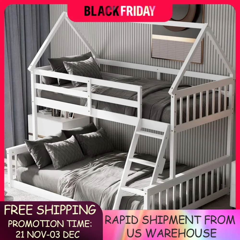 Wood Twin Over Full House Bunk Bed with Built in Ladder, Solid Pine Wood Bunk Bed Frame with Safety Guardrails, Bunk Bed Frame