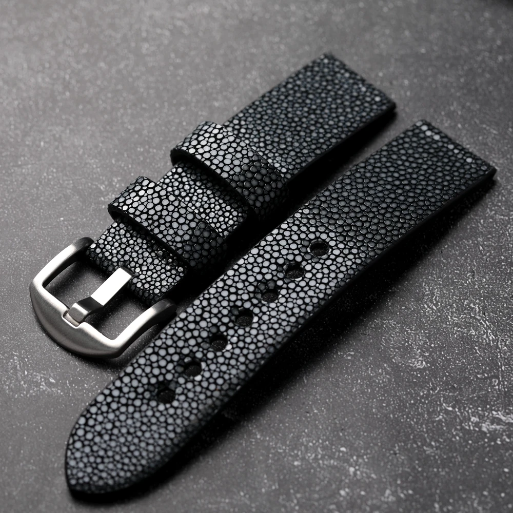 Handmade Pearl Fish Leather Strap 20 22 24MM Black Vintage Men Watch Bracelet Wear-Resistant High-Grade Leather Bracelet