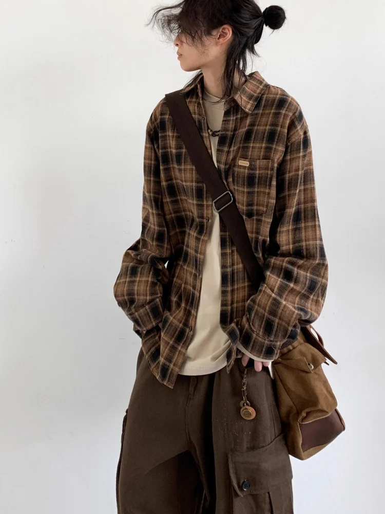 

Retro Japanese Sle Long Sve Plaid irt Autumn Winter New Arrival ex Loose Fit Casual irt Outerwear Trendy