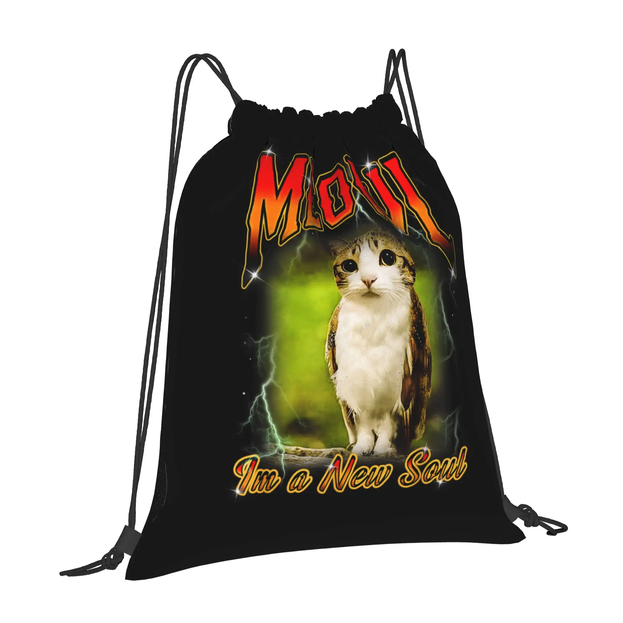 Meowl Cat Owl Meme Drawstring Backpack Sports Gym Sackpack Water Resistant  String Bags for Hiking