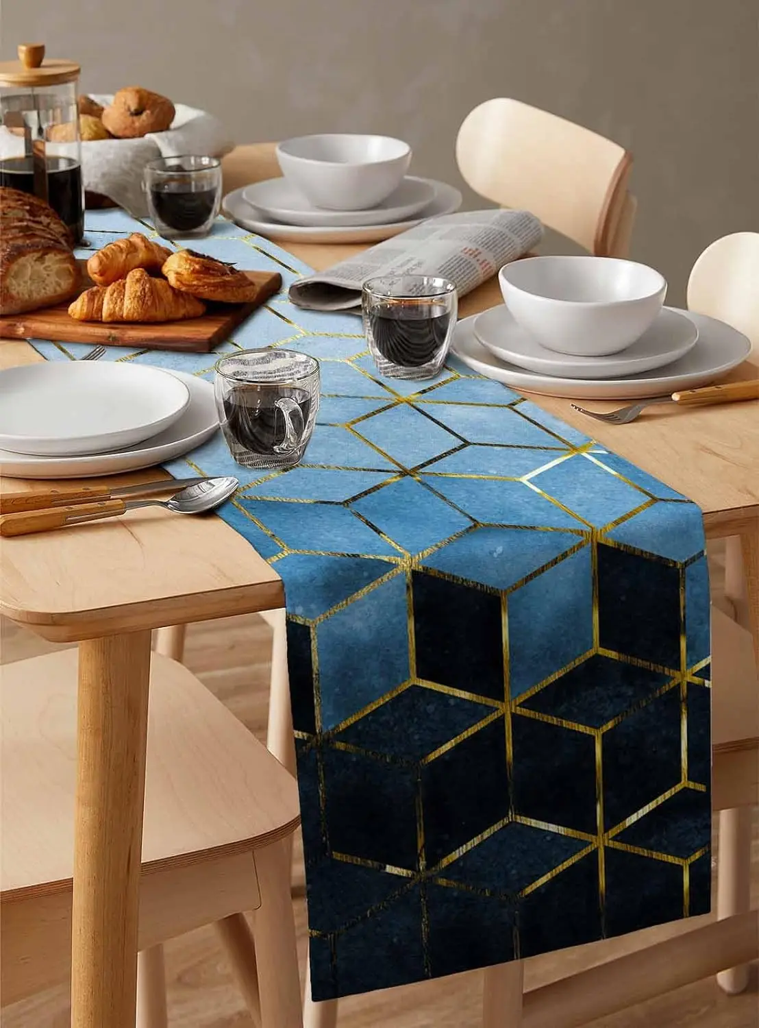 Marble Blue Linen Table Runners Modern Abstract Geometric Black Gold Table Runner Dresser Scarf Kitchen Party Dining Table Decor