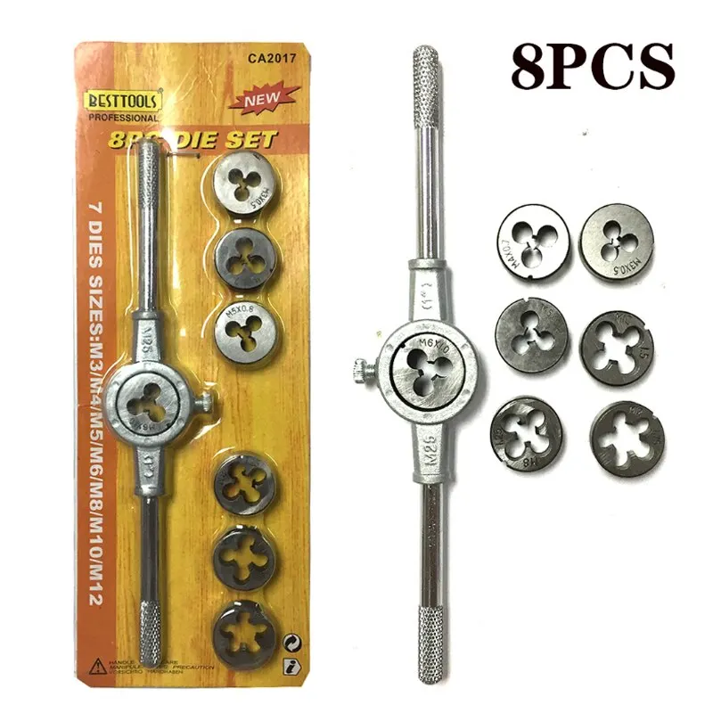 HSS Tap Plate Thread Set 8PCS/12PCS Multi-Spec Round Metric Wrench Cutting M3 M12 Die Holder Booster Rod Stranded Kit Engineer