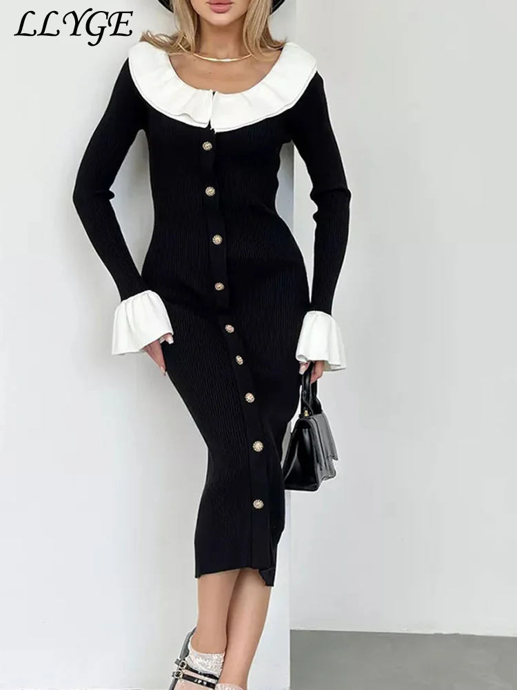 

Elegant Knit Doll Collar Panelled Dress Women Slim Single Breasted Flare Sleeve Female Dresses 2024 Autumn Lady Chic Sexy Robes