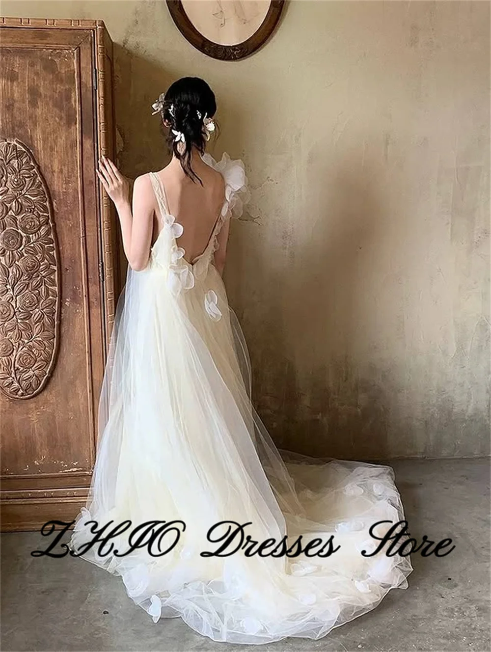 

ZHIO Fairy 3D Flowers Tulle Wedding Party Dresses Korea Women Photo shoot Backless Straight Gowns Formal Prom Dress Customized