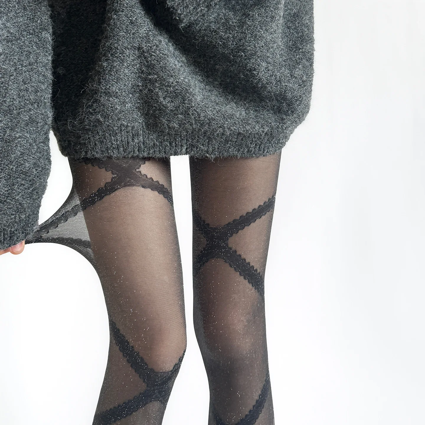 Spring and Summer Girls Silver Silk Fine Flash Bottom Stockings Black Silk Skinny Grey Cross-Strap Pantyhose Women