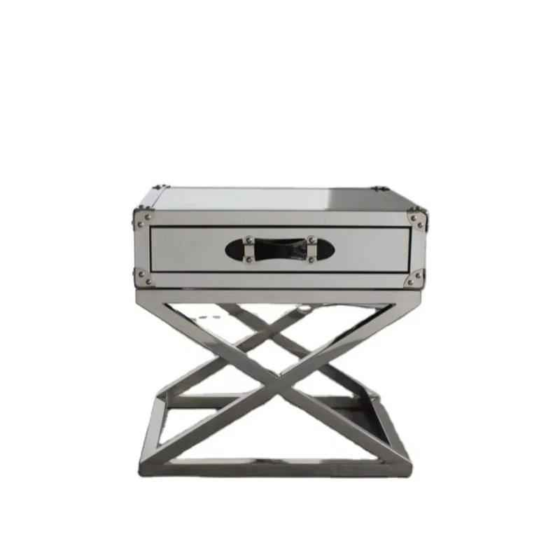 

Shiny stainless steel X-base side table with elegant bedside table for dining