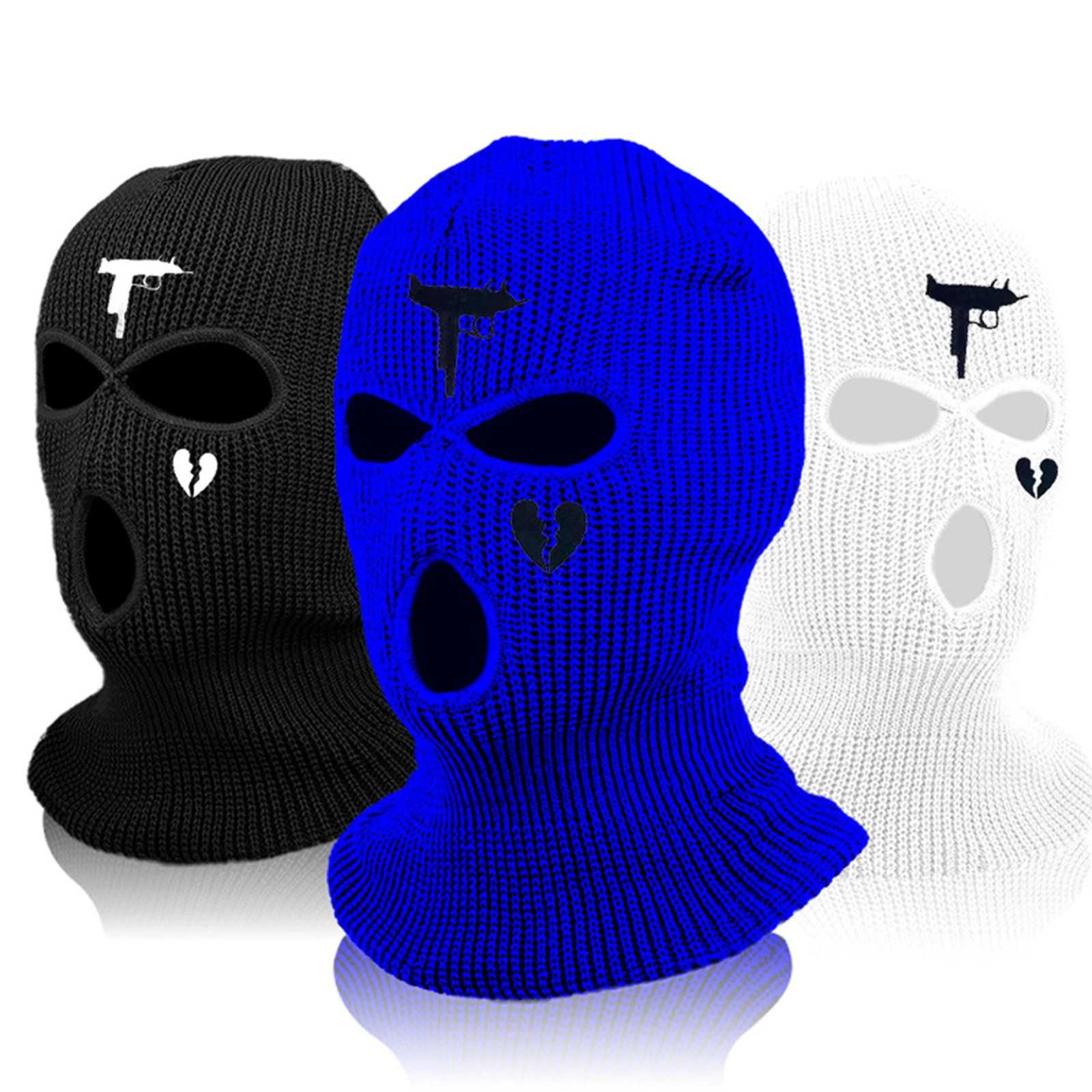 3Holes Winter Warm Unisex Balaclava Mask Hat Embroidery Full Face Mask Knitted Cycling Ski Snowboard Hat Cap Hip Hop Beanie Gift