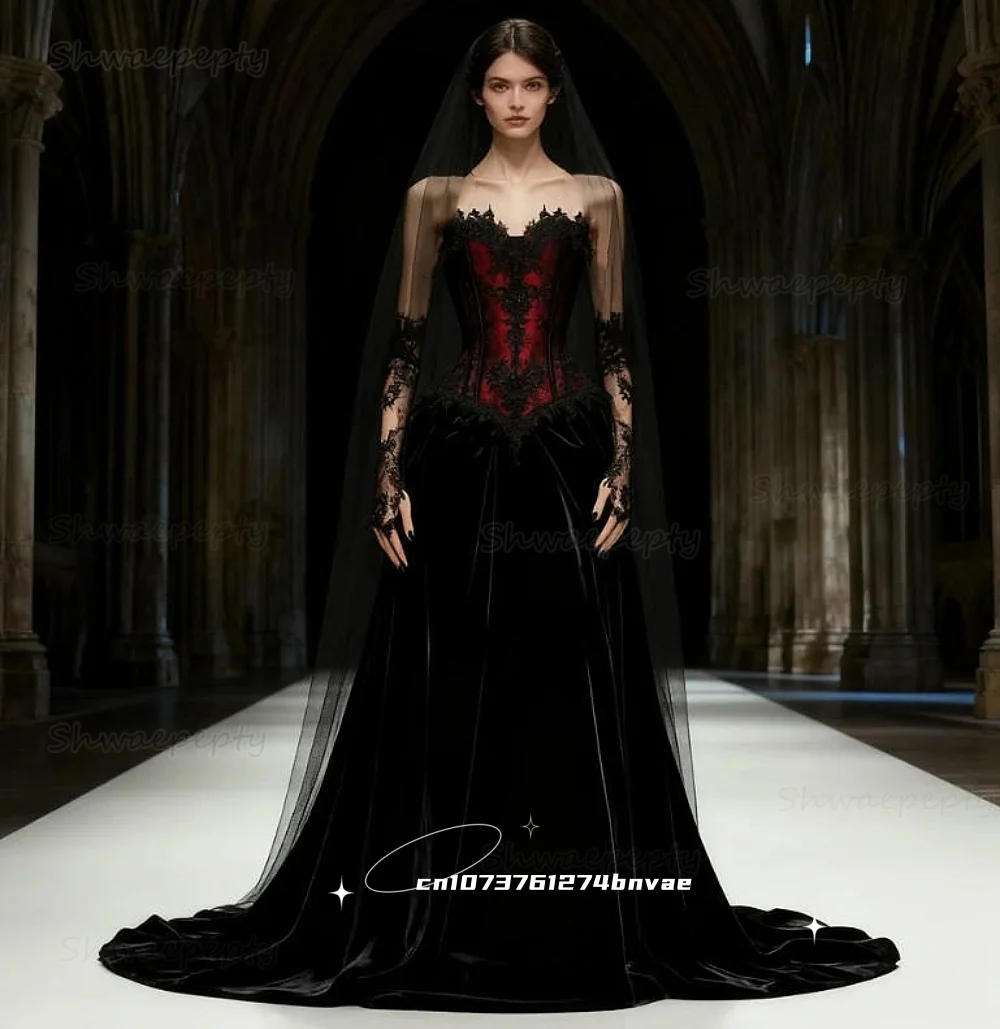 

Vampire Gothic Wedding Dress Burgundy And Black A-Line Strapless Corset Bridal Gowns Lace Appliques Velvet Vestidos Customized