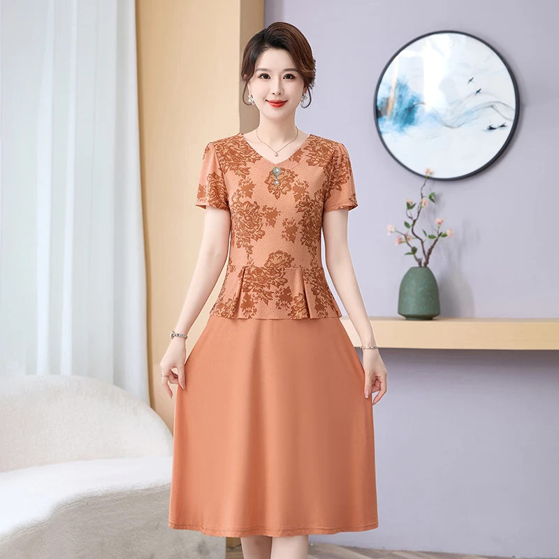 Frauen Blumen Kleid V-ausschnitt Kurzarm Spleißen Kleider Temperament Elegante Weibliche Sommer Chic Midi Robe