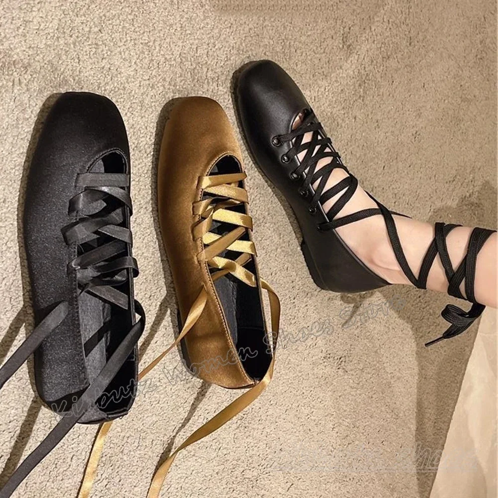 

Cross Strap Satin Pumps Lace-Up Solid Color Square Toe Flat with Fashion Novelty Sexy Elegant Concise Sexy Women Shoes Outdoor