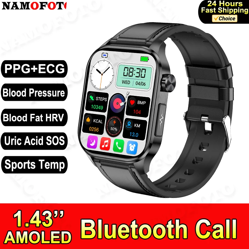 

NAMOFOTO Smart Watch 2.04" AMOLED Clock ECG Uric Acid Blood Lipid Pressure Oxygen Wristwatch Men Women Bluetooth Call Smartwatch