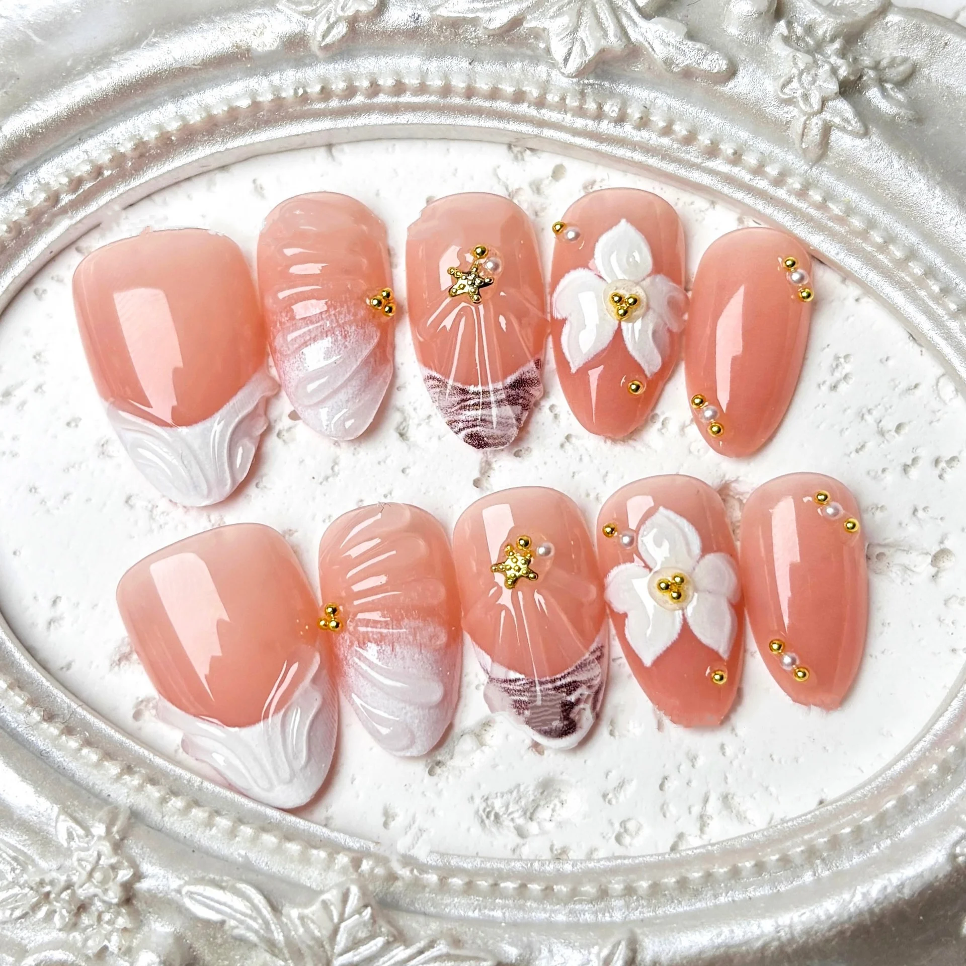 24pcs Finished Pink Almond Press on False Nails Cute Flower Butterfly Design Stick on Nail Sets with Pearl Design Fake Nails Tip