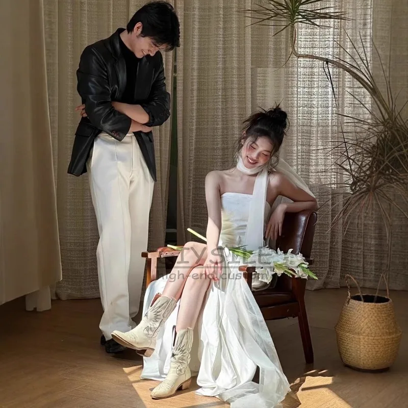 GIYSILE مخصص ثوب زفاف الضوء الأبيض 2025 موضة جديدة لواء النار مزاجه بسيط الساتان صديرية دائرية فساتين السهرة