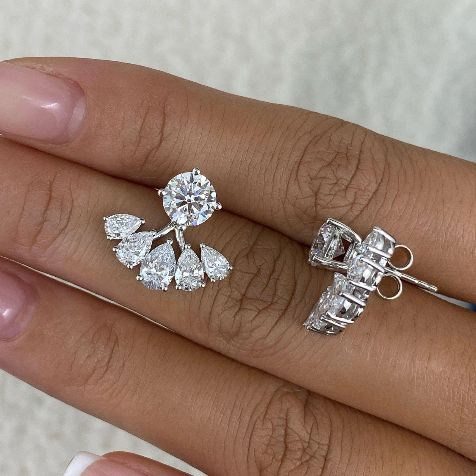 Round & Pear Jacket Earrings For Lady In Platinum 950 Lab-Grown Diamond DEF VS-VVS 4.4 CTW CVD HPHT Diamond