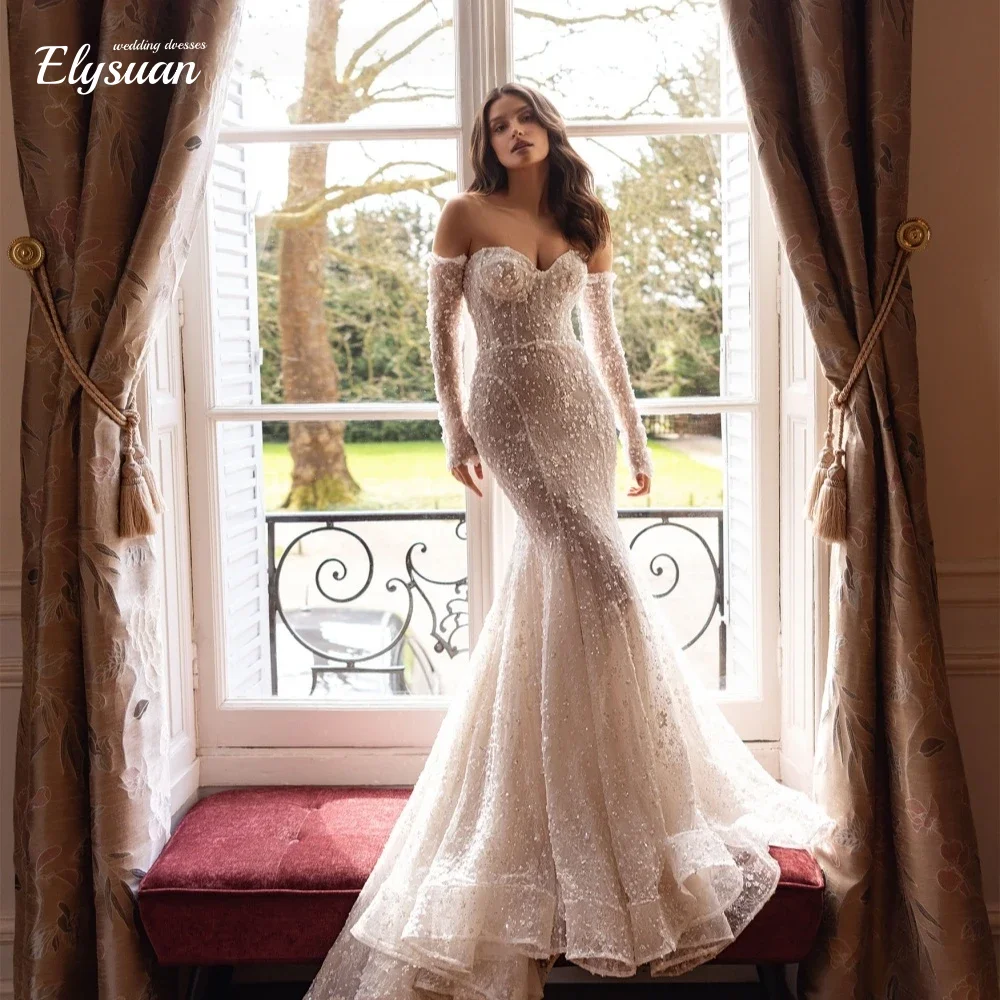Abito da sposa scintillante personalizzato a sirena con applicazioni lucide di perle che bordano abito da sposa a maniche lunghe Abiti da sposa