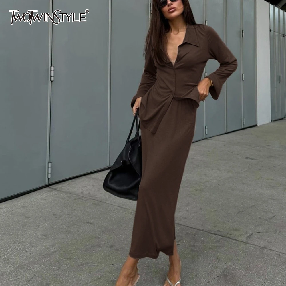 

TWOTWINSTYLE Office Two Piece Set for Women Lapel Flare Sleeve Cardigan High Waist Bodycon Midi Skirt Temperament Suit Female