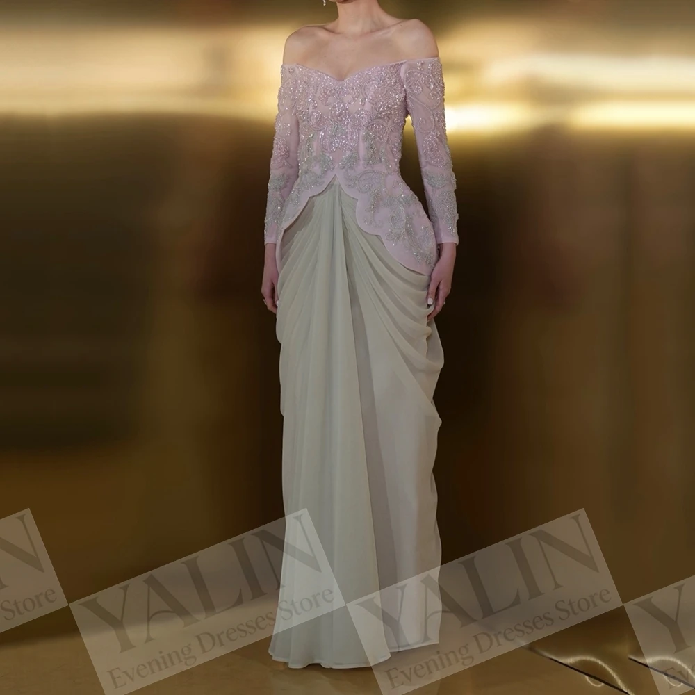 Women's A-line Evening Dresses Floor-length Off The Shoulder Full Sleeve Prom Dresses Fashion Beading Draped Customized Gowns