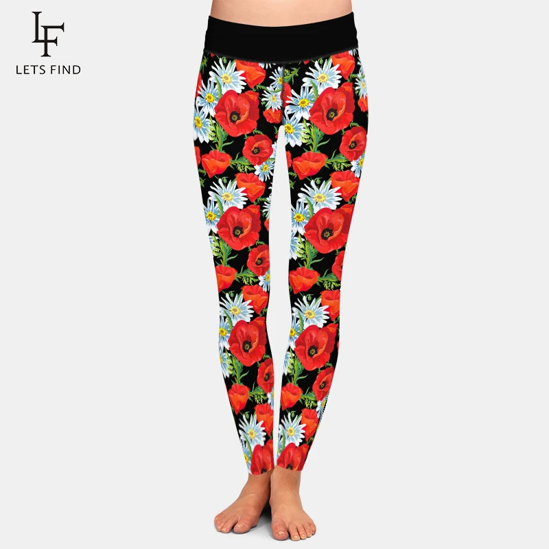 

LETSFIND Beautiful Poppy Flowers Print 220gsm Milk Silk Print Women Pants High Waist Fitness Slim Soft Stretch Legging