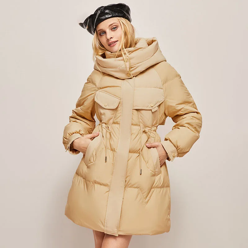 2024 Winter New Year's gown down jacket women wear waist slimming thicker hooded white duck down coat