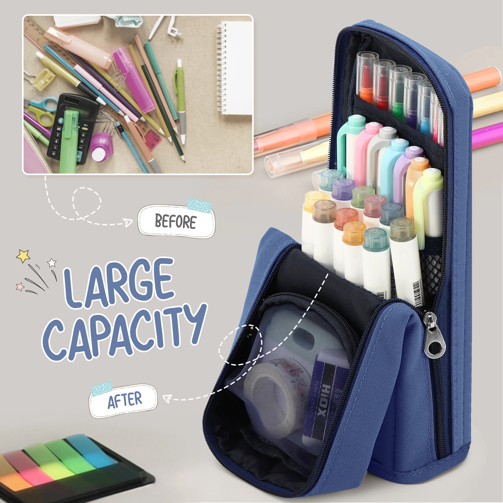 Housolution Standing Pencil Case Large Capacity Pen Bag, Multi-Layer Pen Pouch Pencil Holder Stationery Organizer, Pencil Bag