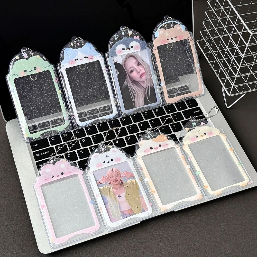 INS Cute Cartoon Photocard Holder PVC Glitter Keychain 3 Inch ID Badge Holder Student Bus Card Credit ID Bank Card Holder