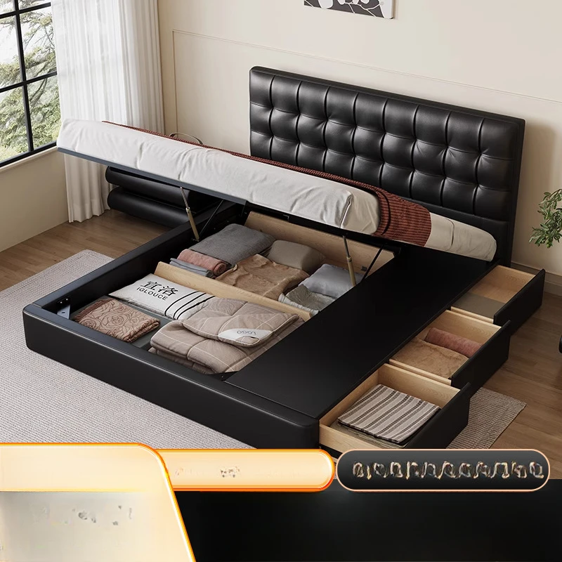 Minimalist leatheblack waffle  thin bedside flush edge modern simple high box storage bed