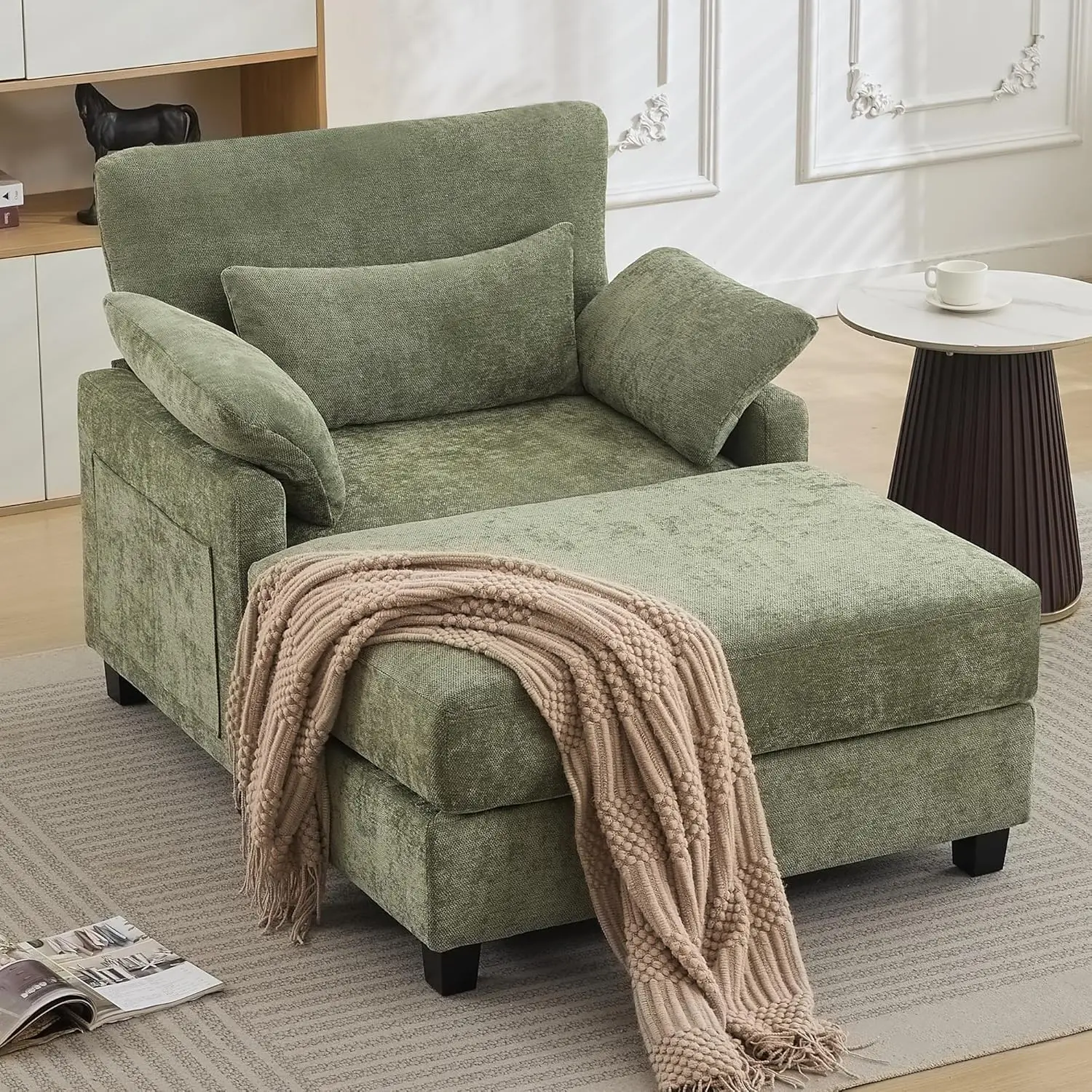 57,5 Zoll große Chaiselongue mit Ottoman für den Innenbereich, übergroßer Lesesessel mit Ottoman und Schlafsofa, grün mit Chenille-Polsterung C