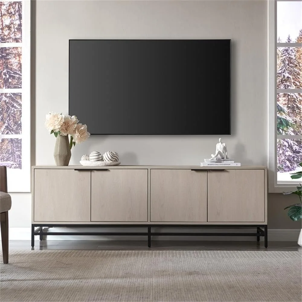 

70 inch TV cabinet, transitional design, can also be used as a bookcase or sideboard, white MDF/metal, 70 L x 15 W x 24 H inches