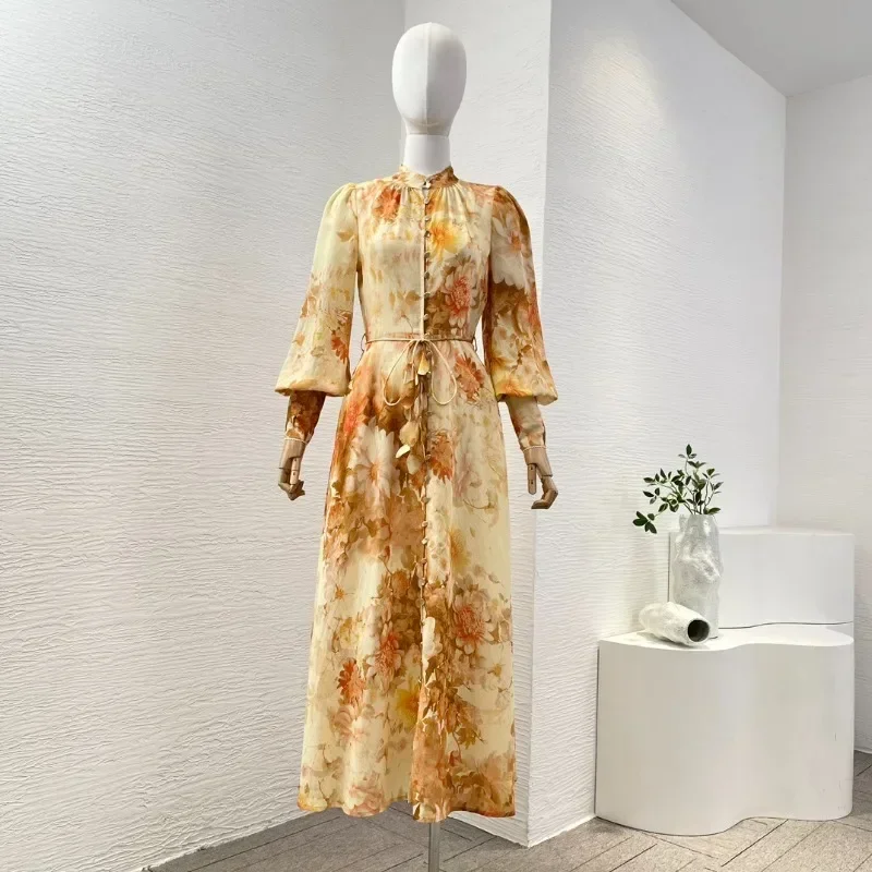 Orange High Qualtiy Flowers Print Long Sleeve Midi Dresses Long Flowered Casual Dresses Holiday For Women 2025