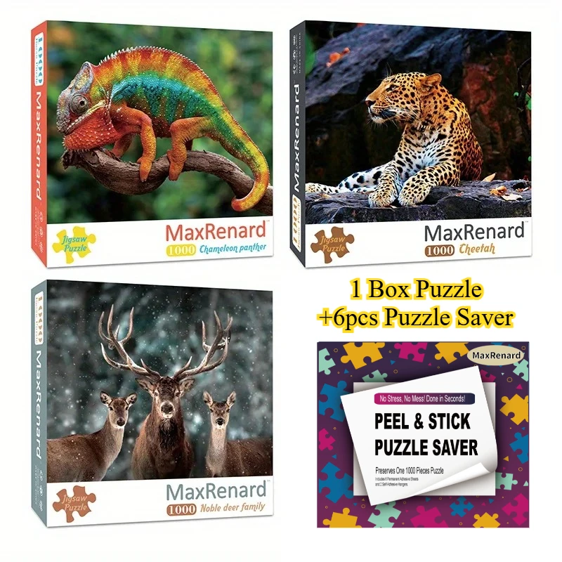 

Набор пазлов: включает 1000 элементов пазла с животными и 1 набор из 6 пазлов на тему гепарда, оленя и хамелеона для взрослых, 1000 деталей.
