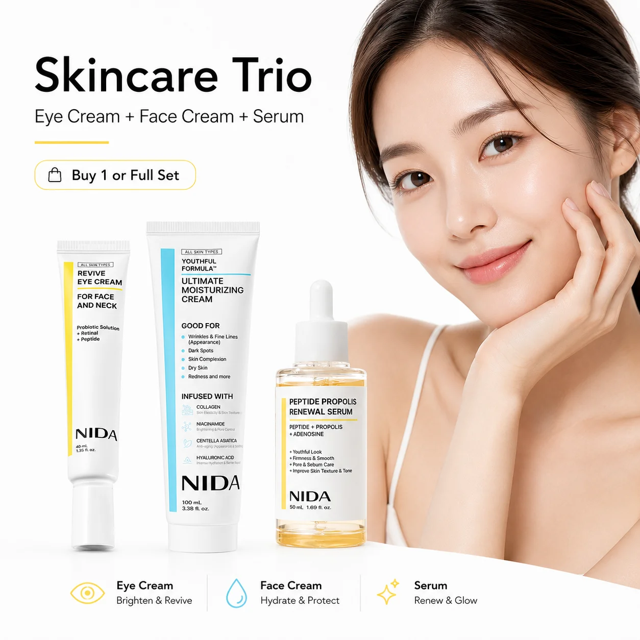 Ensemble de soins quotidiens pour la peau du visage NIDA, crème pour le visage, crème pour les yeux au rétinol, sérum au peptide et à la propolis, routine hydratante, nourrissante et raffermissante