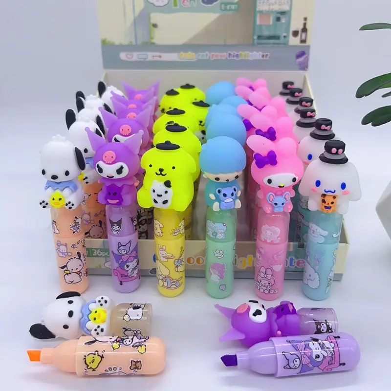 Sanrio 12/36pcs Cute Cartoon Mini Fluorescent Pen Creative Multi-Color Marker Students Draw Key Painting Marker Pen Stationery