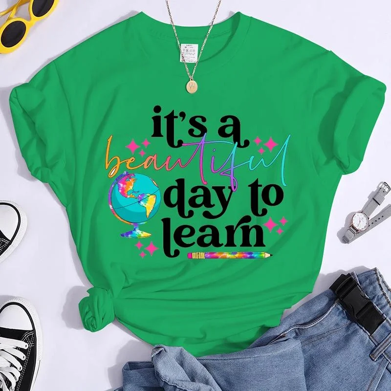 It\'s a Beautiful Day to Learn T-Shirts Summer Casual Round Neck Comfy Short Sleeve Shirt Teacher Appreciation Week Tees