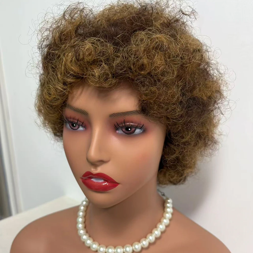 

Выделите афро-пушистый парик из человеческих волос P4/27 Короткий вьющийся парик с челкой Бразильские волосы Полностью машинные парики для ежедневного использования на вечеринке